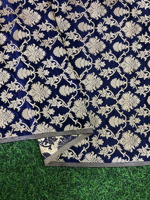 Indian Banarasi Brocade Fabric in Navy Blue and Gold color, Multiple lengths will come in the Continuous piece - NF115