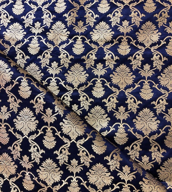 Indian Banarasi Brocade Fabric in Navy Blue and Gold color, Multiple lengths will come in the Continuous piece - NF115