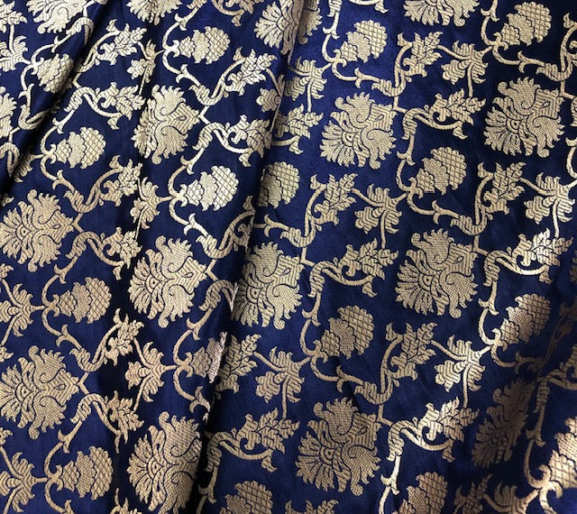 Indian Banarasi Brocade Fabric in Navy Blue and Gold color, Multiple lengths will come in the Continuous piece - NF115