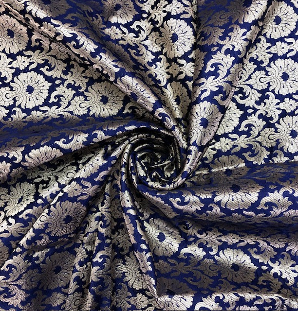 Indian Banarasi Brocade fabric in Blue and Gold color, Multiple lengths will come in the continuous piece - NF446