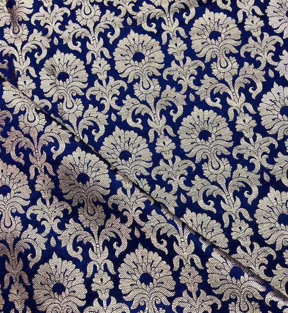 Indian Banarasi Brocade fabric in Blue and Gold color, Multiple lengths will come in the continuous piece - NF446