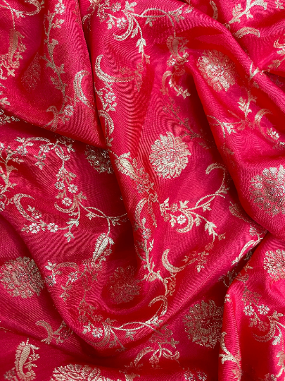 Indian Banarasi Brocade Silk Fabric in Coral and Gold  color, Multiple lengths will come in the continuous piece - NF579