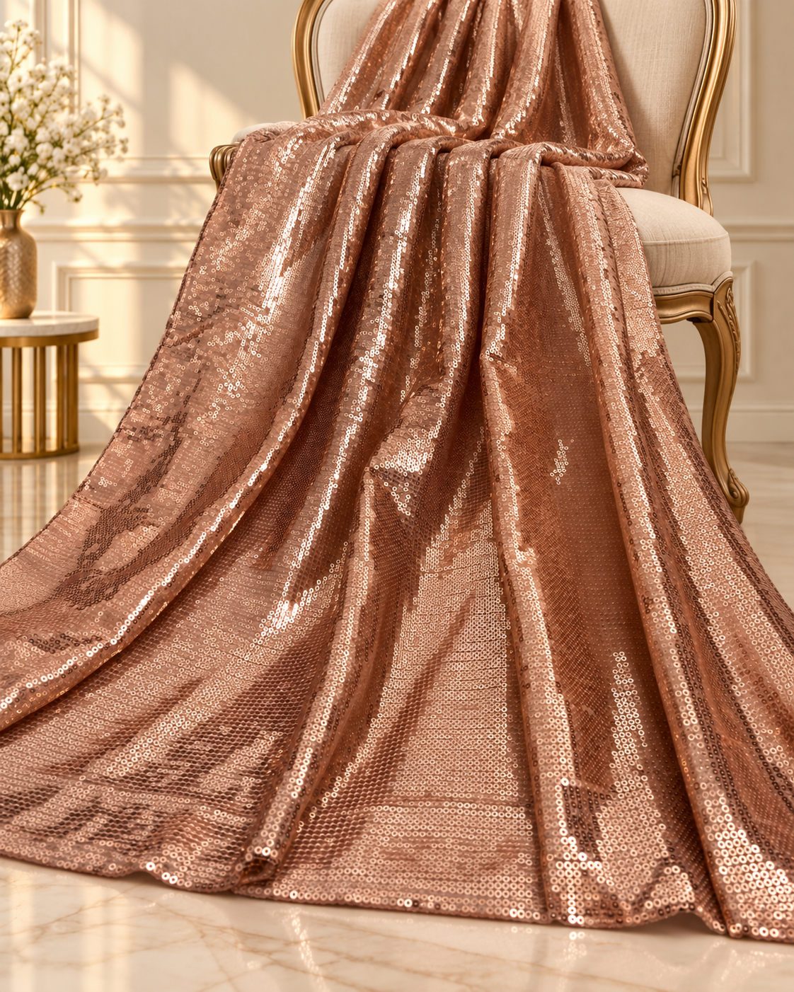 Rose gold embroidered georgette fabric, sequin fabric, Wedding dress, Bridesmaid dress, Fabric store, Fashion fabric, Luxury fabric - SQAF03