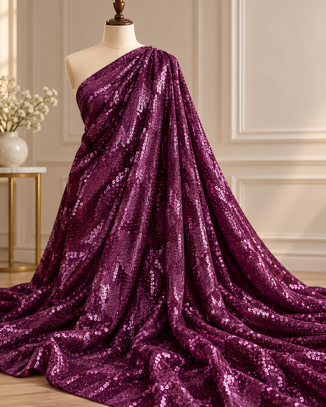 Purple embroidered fabric, Georgette sequin fabric, Haute couture, Couture fashion, Fabric store, Royal fabric, Wedding dress, Bridesmaid dress - SQAF07
