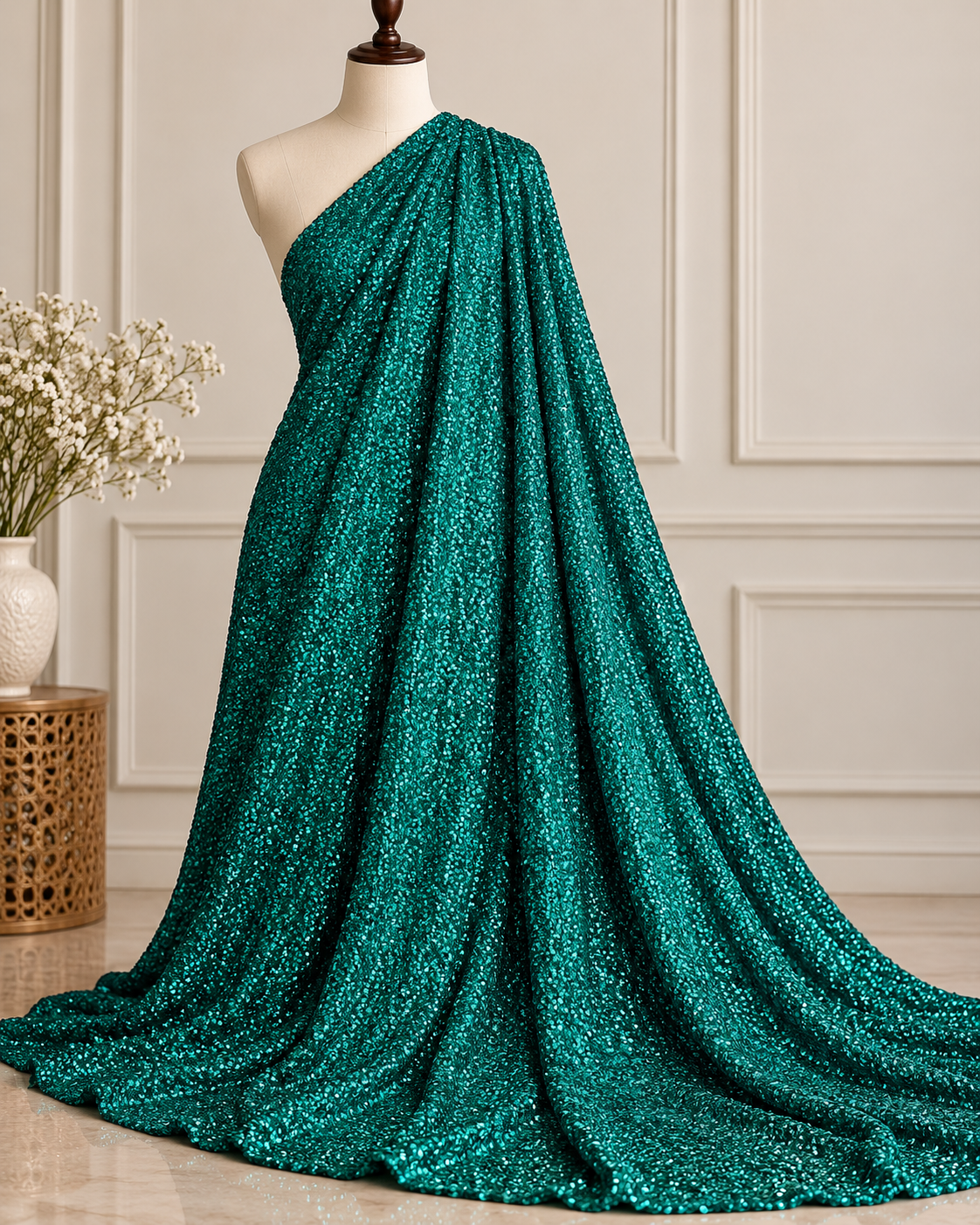 Green embroidered georgette fabric, Sequin fabric, Wedding dress, Bridesmaid dress, Fabric store, Fashion fabric, Luxury fabric - SQAF25