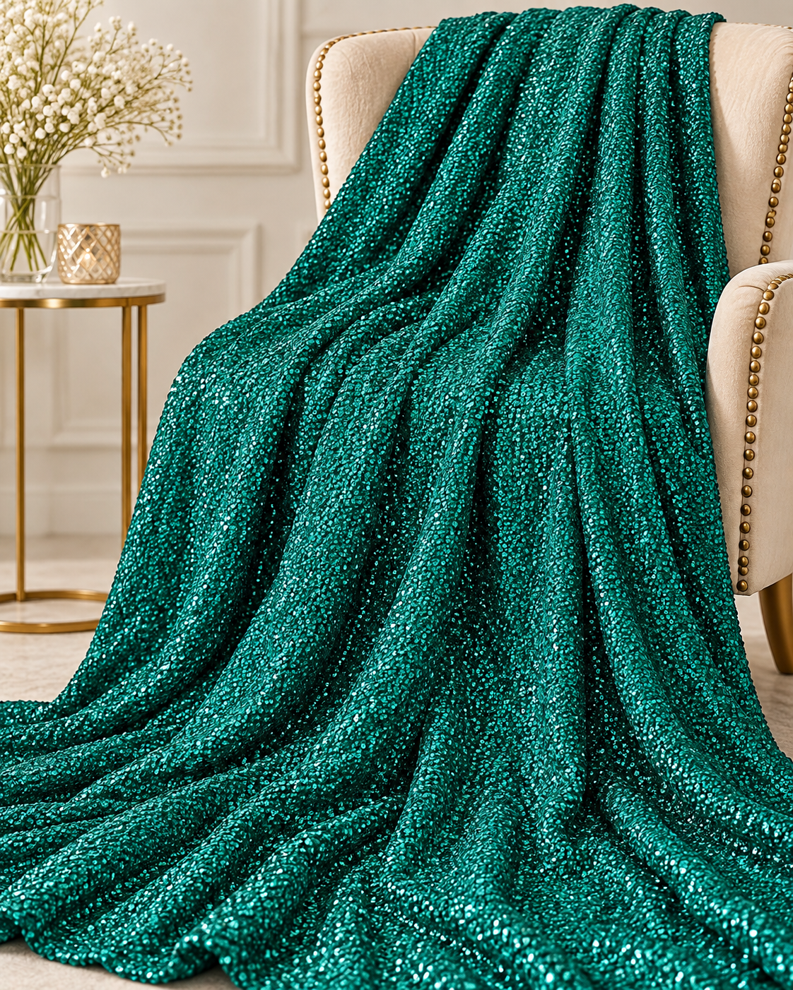 Green embroidered georgette fabric, Sequin fabric, Wedding dress, Bridesmaid dress, Fabric store, Fashion fabric, Luxury fabric - SQAF25