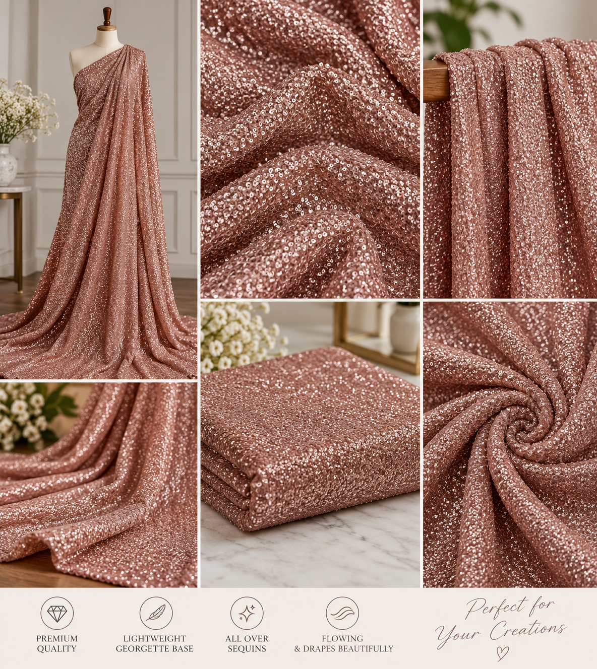 Embroidered Sequins Georgette Fabric in Rose Gold color, Multiple lengths will come in the continuous piece - SQAF26