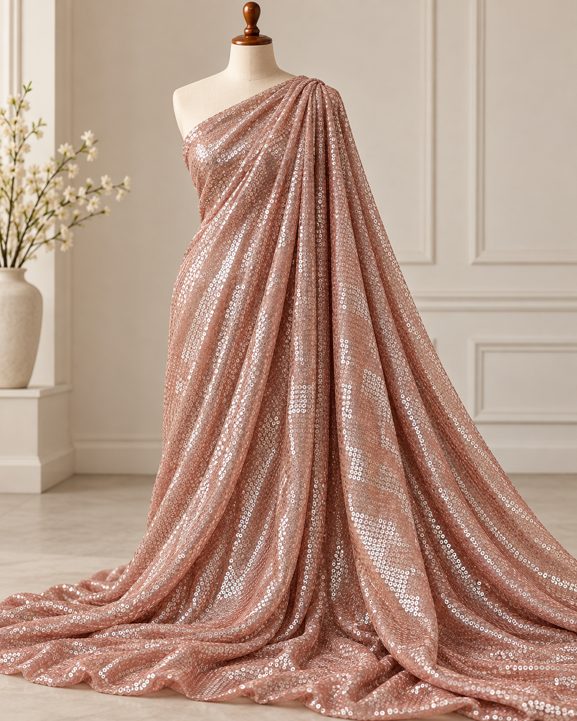 Old rose embroidered fabric, Sequin Georgette Fabric, Evening dress, Bridesmaid dress, Wedding inspiration, Fabric store, Handmade - SQAF489
