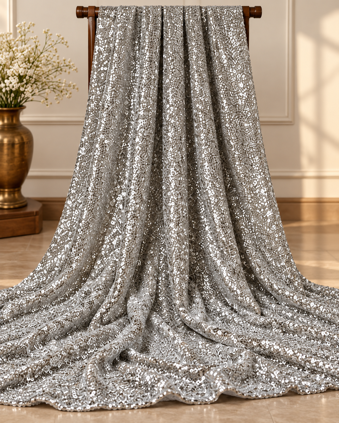 Embroidered georgette fabric, Silver sequin fabric, Wedding dress, Bridesmaid dress, Fabric store, Fashion fabric, Luxury fabric - SQAF801