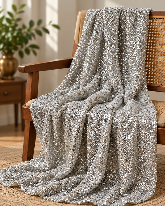 Embroidered georgette fabric, Silver sequin fabric, Wedding dress, Bridesmaid dress, Fabric store, Fashion fabric, Luxury fabric - SQAF801