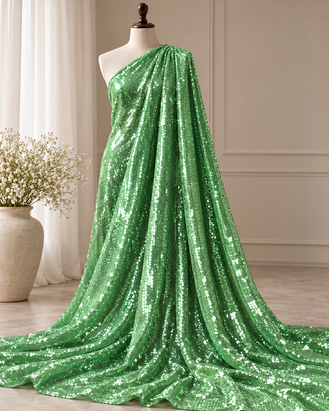 Sage Green embroidered fabric, Sequin Georgette Fabric, Evening dress, Bridesmaid dress, Wedding inspiration, Fabric store, Handmade - SQAF823