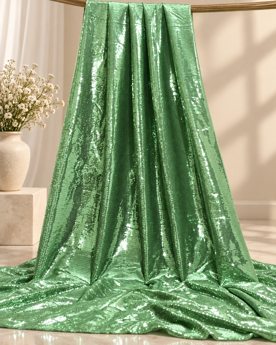 Sage Green embroidered fabric, Sequin Georgette Fabric, Evening dress, Bridesmaid dress, Wedding inspiration, Fabric store, Handmade - SQAF823