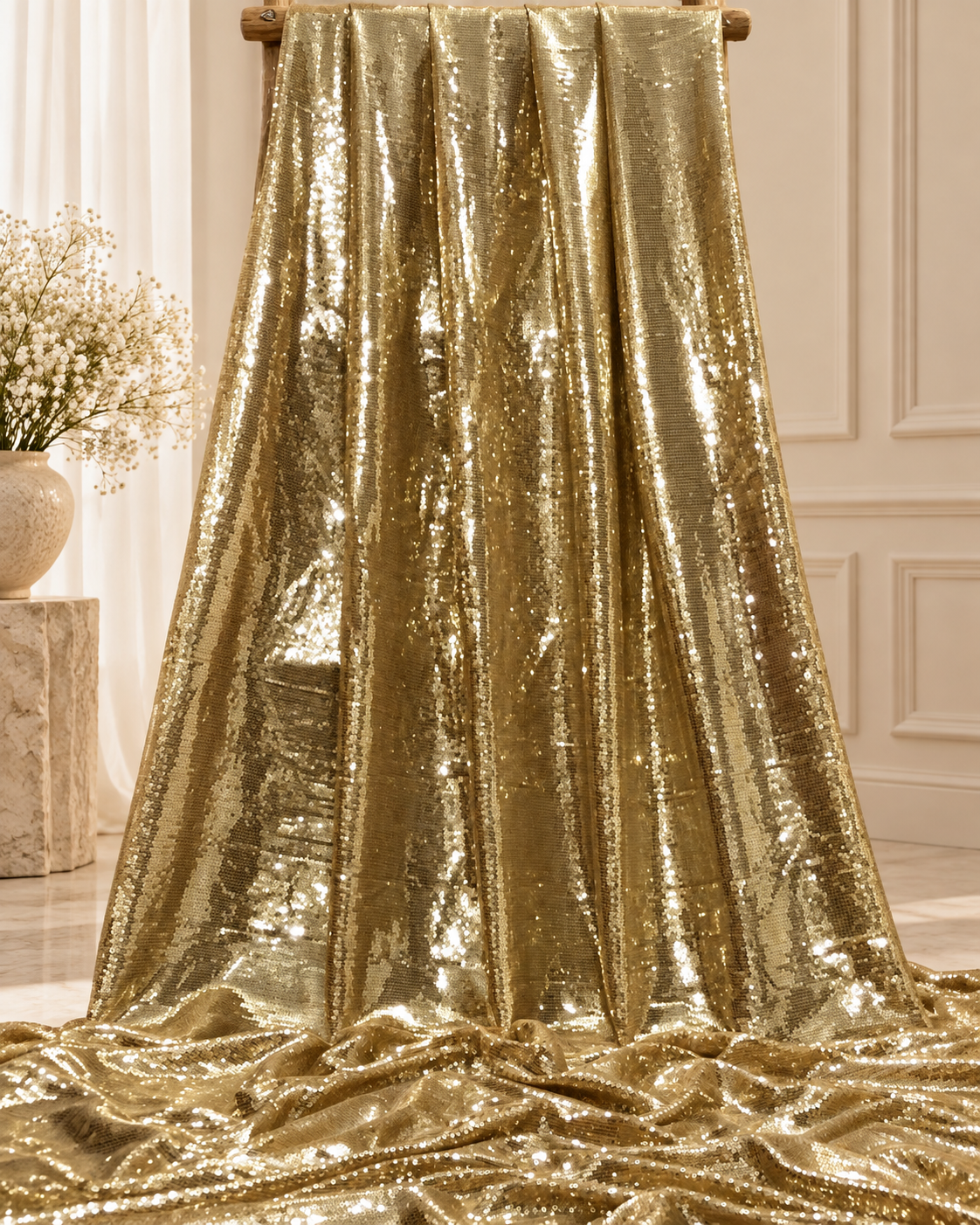 Light gold embroidered fabric, Sequin Georgette Fabric, Evening dress, Bridesmaid dress, Wedding inspiration, Fabric store, Handmade - SQAF830