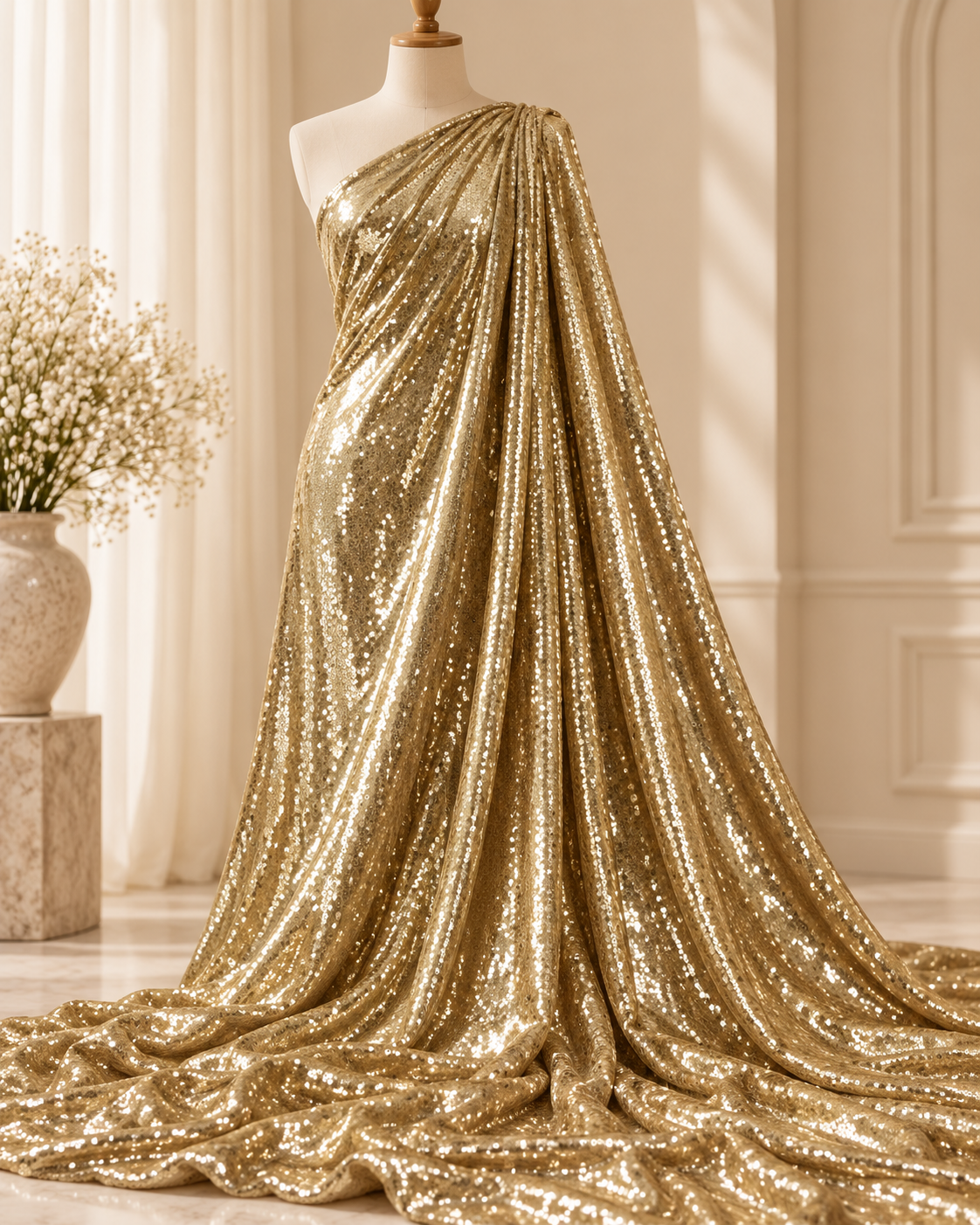 Light gold embroidered fabric, Sequin Georgette Fabric, Evening dress, Bridesmaid dress, Wedding inspiration, Fabric store, Handmade - SQAF830