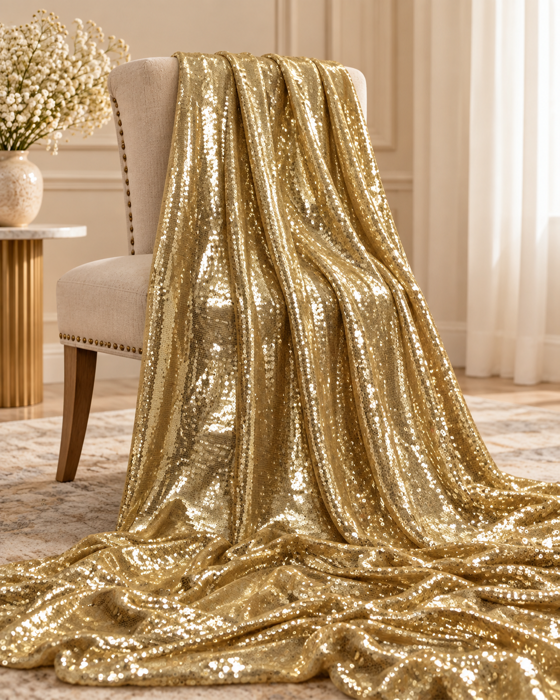 Light gold embroidered fabric, Sequin Georgette Fabric, Evening dress, Bridesmaid dress, Wedding inspiration, Fabric store, Handmade - SQAF830