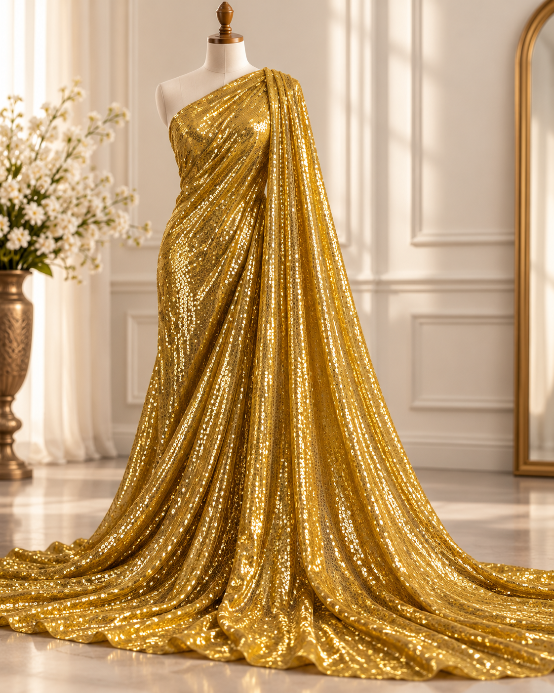 Gold embroidered fabric, Sequin Georgette Fabric, Evening dress, Bridesmaid dress, Wedding inspiration, Fabric store, Handmade - SQAF832