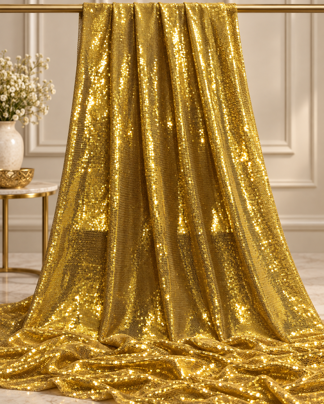 Gold embroidered fabric, Sequin Georgette Fabric, Evening dress, Bridesmaid dress, Wedding inspiration, Fabric store, Handmade - SQAF832