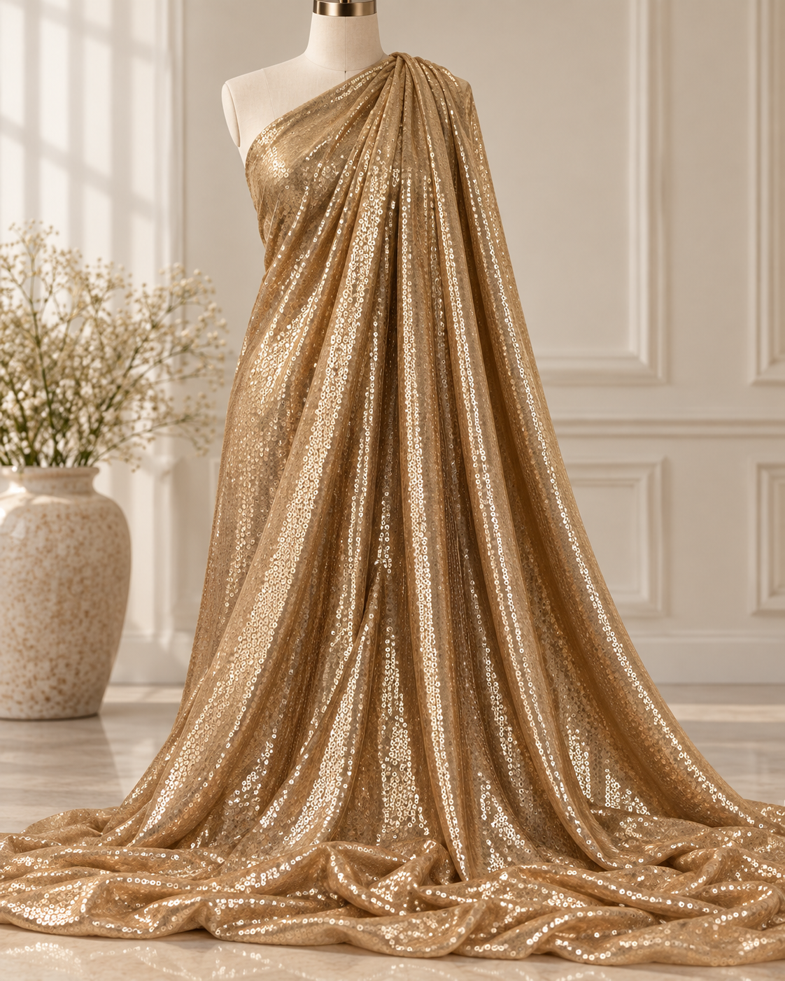 Gold embroidered fabric, Sequin Georgette Fabric, Evening dress, Bridesmaid dress, Wedding inspiration, Fabric store, Handmade SQAF852