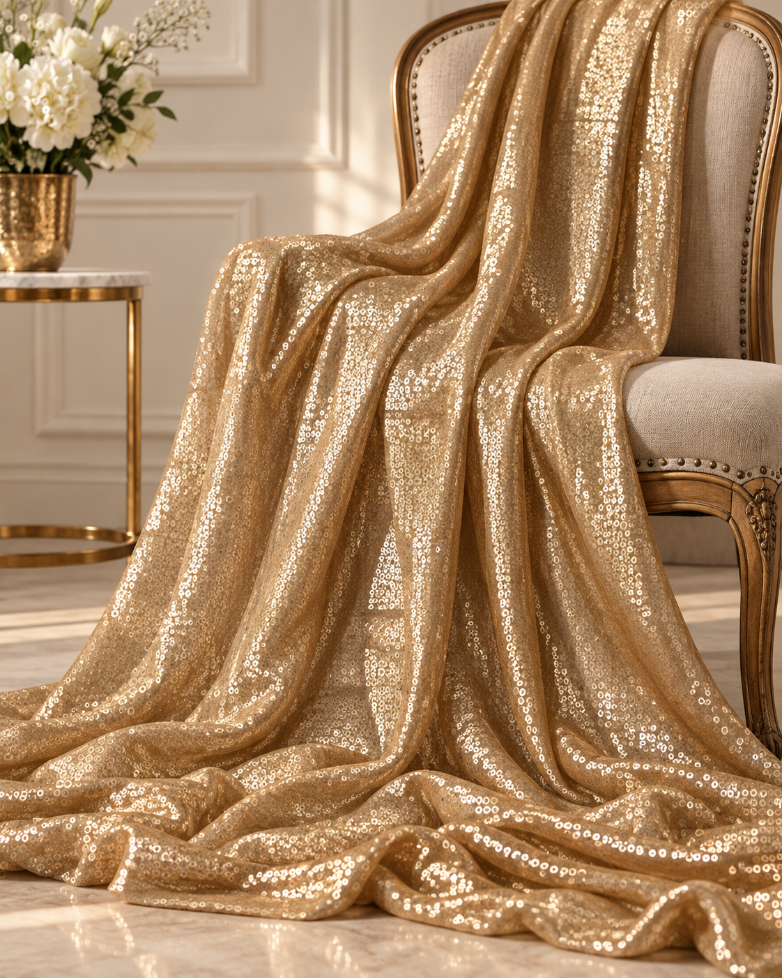 Gold embroidered fabric, Sequin Georgette Fabric, Evening dress, Bridesmaid dress, Wedding inspiration, Fabric store, Handmade SQAF852