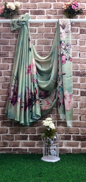 Crepe Satin Saree Floral Print Fabric in green color, Wedding Dress fabric, Fashion Fabric, Party Fabric, Occasion Wear - SR04