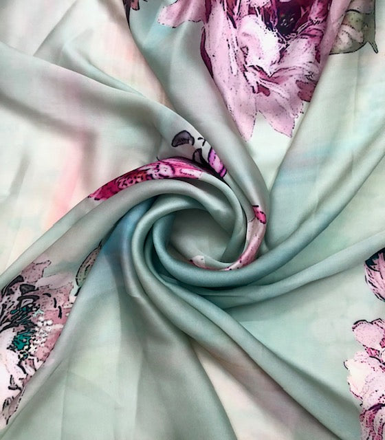 Crepe Satin Saree Floral Print Fabric in green color, Wedding Dress fabric, Fashion Fabric, Party Fabric, Occasion Wear - SR04