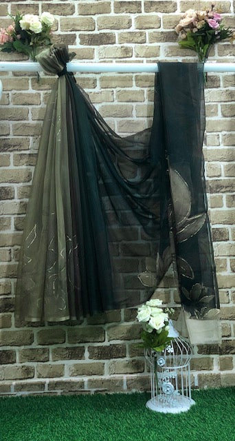 Organza Saree Floral Print Fabric in Black and Sage Green color, Fashion Fabric, Party Fabric, Occasion Wear - SR06