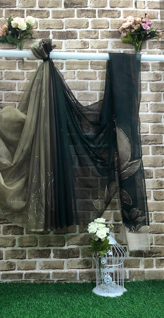 Organza Saree Floral Print Fabric in Black and Sage Green color, Fashion Fabric, Party Fabric, Occasion Wear - SR06