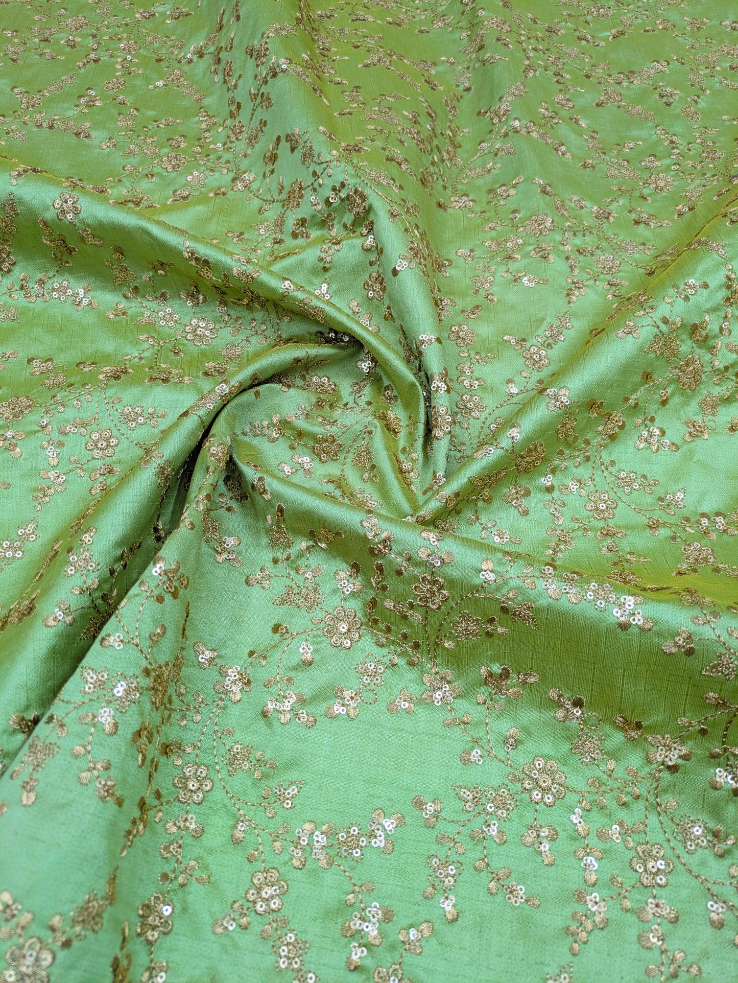 Lime green & gold embroidered fabric, Wedding dress, Bridesmaid dress, Gold flower, Medieval fabric, Royal fabric, Indian fabric - NFAF1099