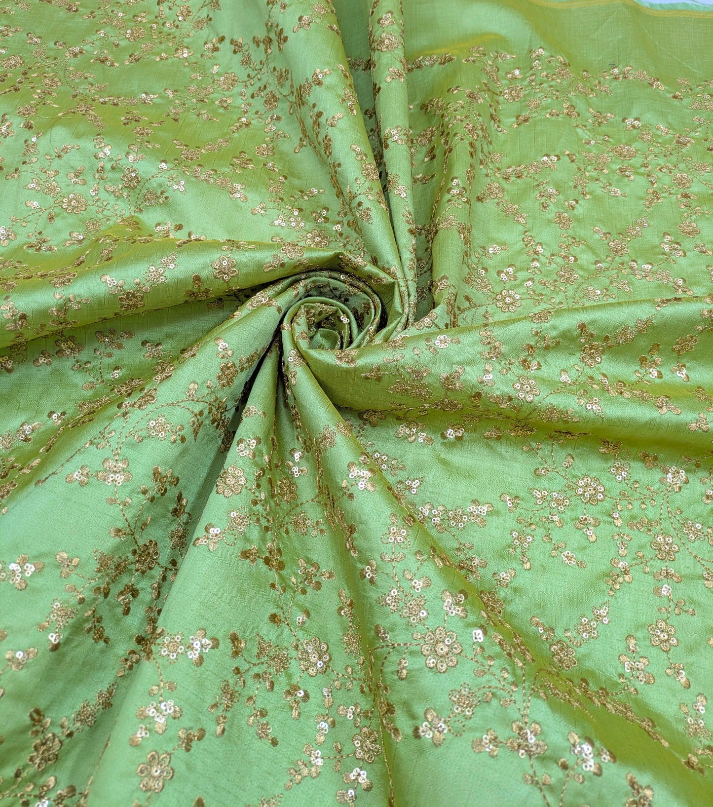 Lime green & gold embroidered fabric, Wedding dress, Bridesmaid dress, Gold flower, Medieval fabric, Royal fabric, Indian fabric - NFAF1099