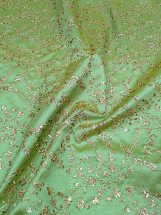 Lime green & gold embroidered fabric, Wedding dress, Bridesmaid dress, Gold flower, Medieval fabric, Royal fabric, Indian fabric - NFAF1099
