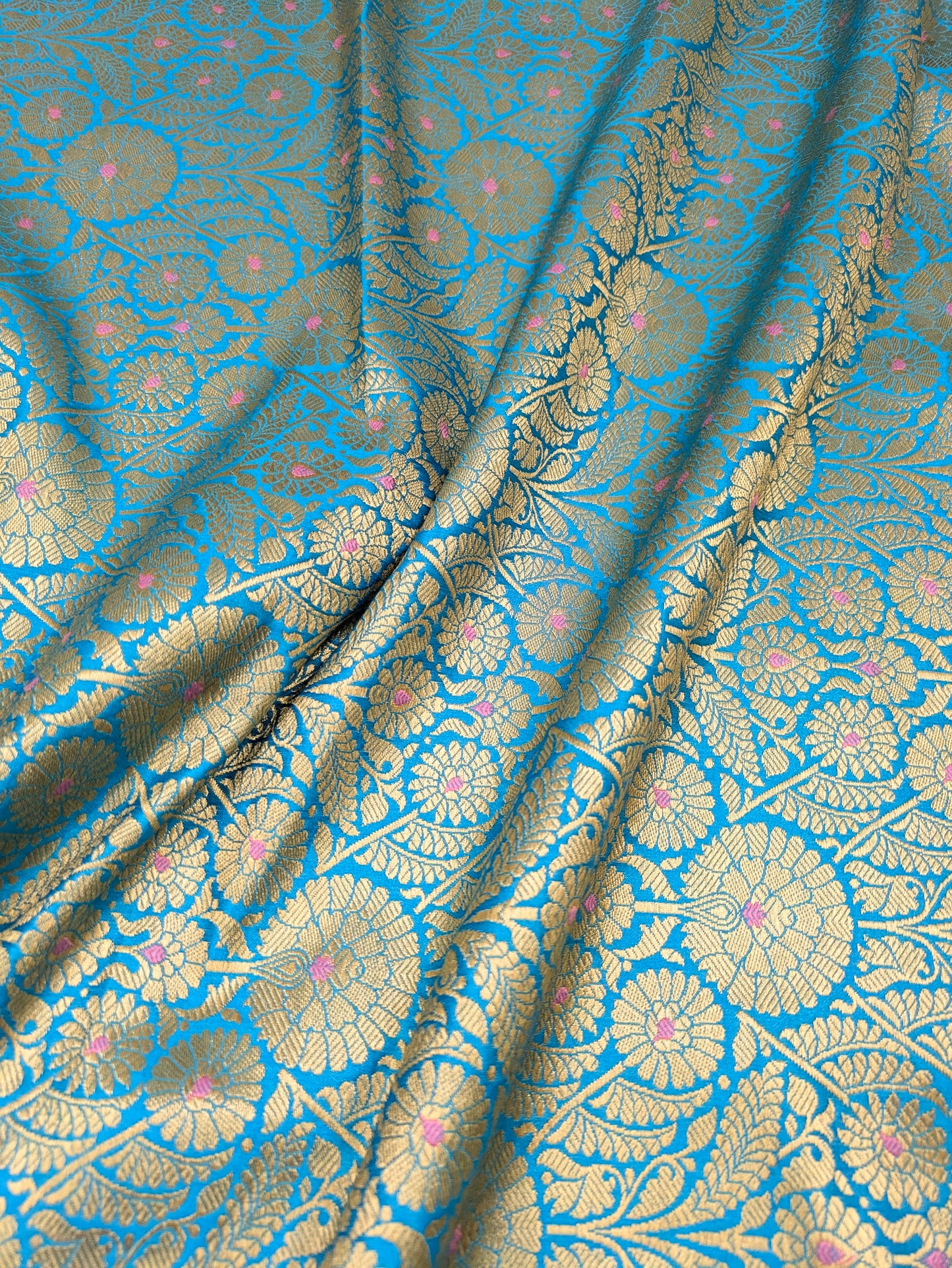 Indian Banarasi Brocade Fabric, Blue Gold Jacquard fabric, Floral brocade, Rayon silk brocade, Fabric by the yard/meter - NFAF12