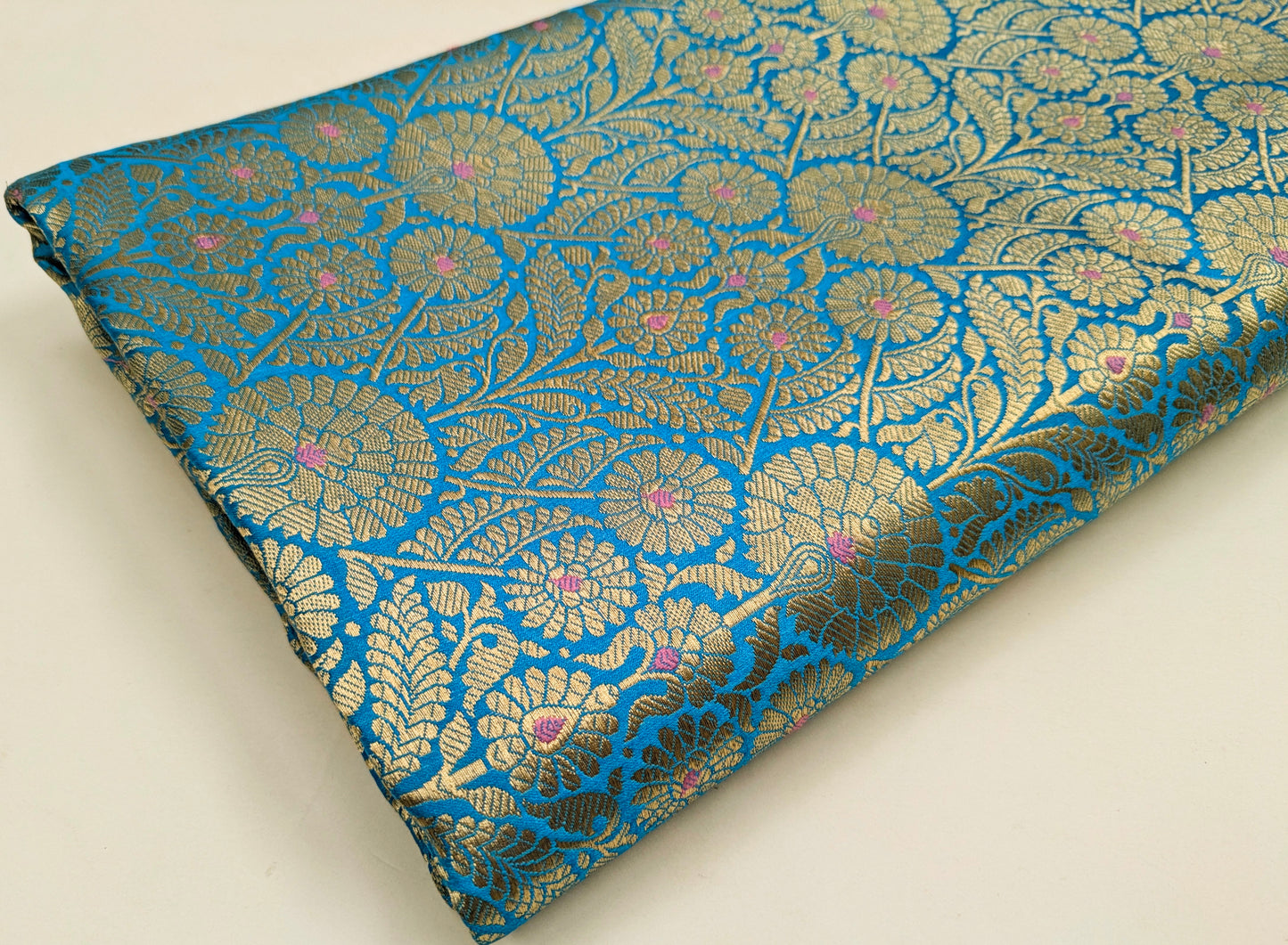 Indian Banarasi Brocade Fabric, Blue Gold Jacquard fabric, Floral brocade, Rayon silk brocade, Fabric by the yard/meter - NFAF12