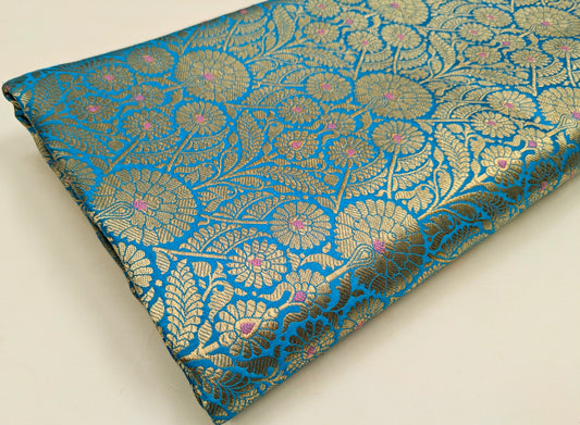 Indian Banarasi Brocade Fabric, Blue Gold Jacquard fabric, Floral brocade, Rayon silk brocade, Fabric by the yard/meter - NFAF12