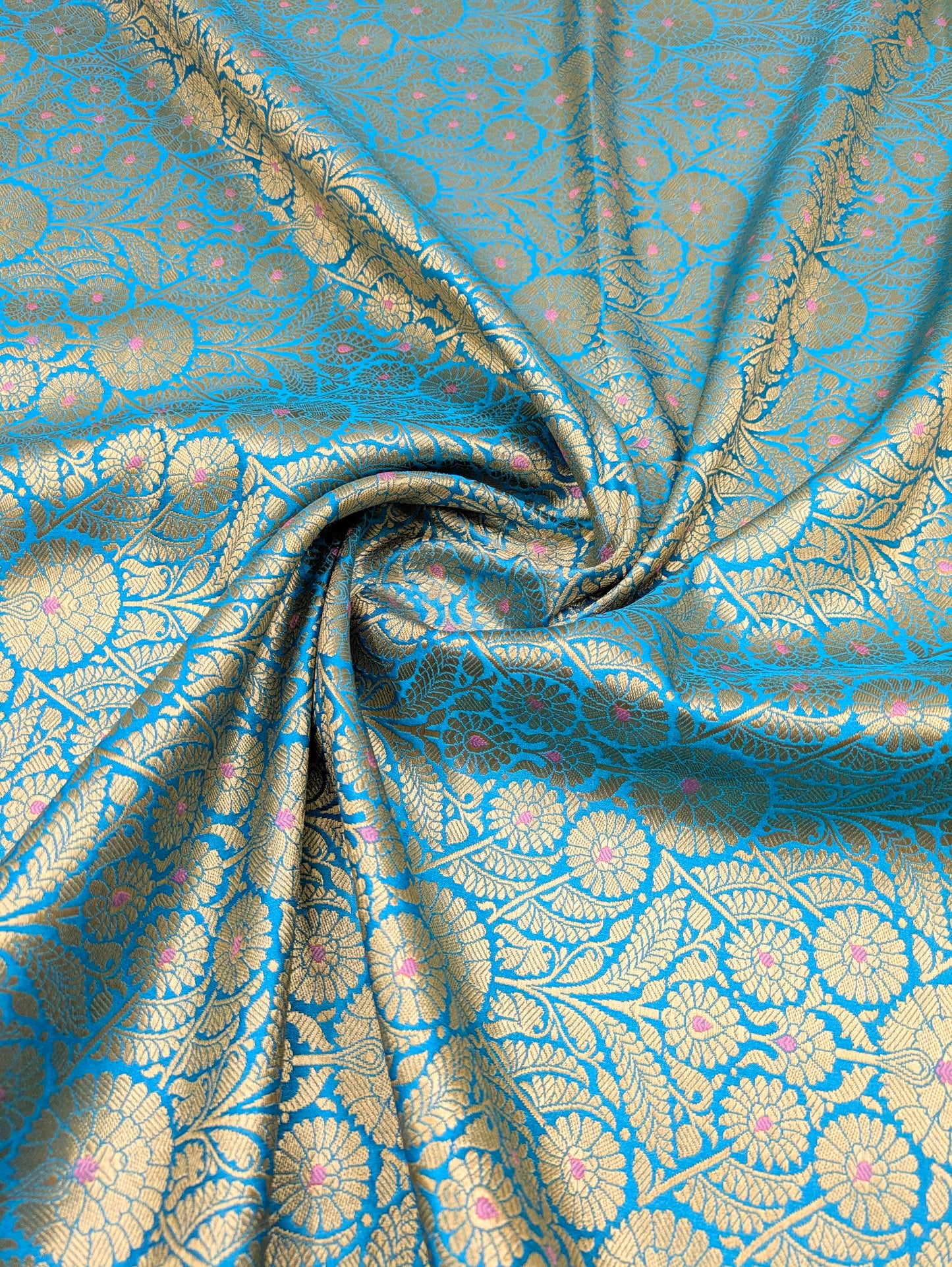 Indian Banarasi Brocade Fabric, Blue Gold Jacquard fabric, Floral brocade, Rayon silk brocade, Fabric by the yard/meter - NFAF12