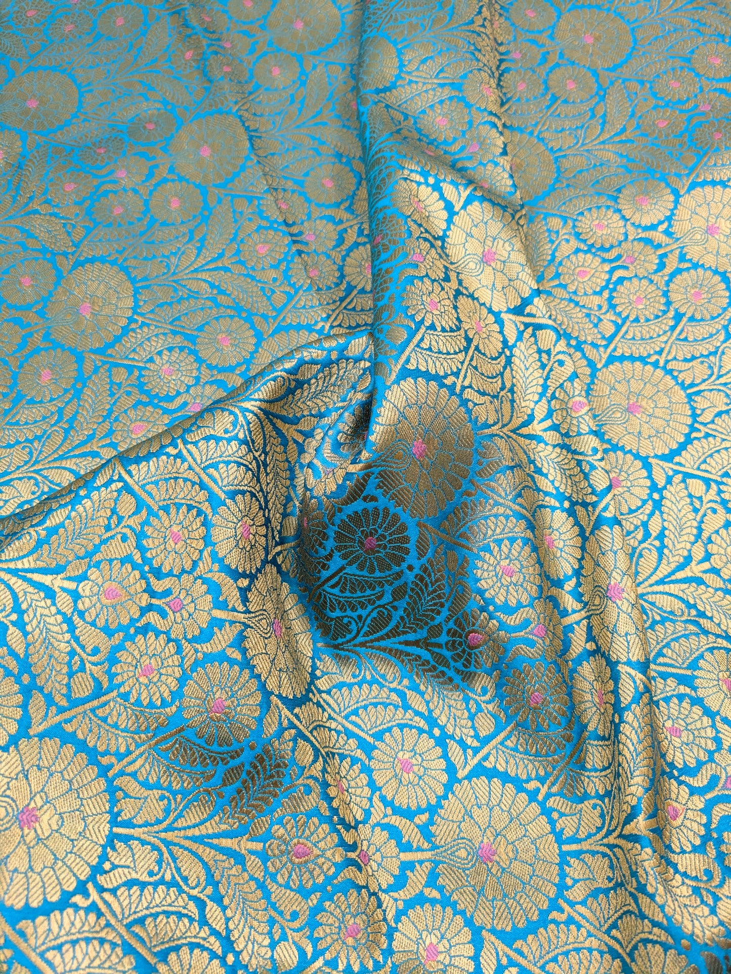 Indian Banarasi Brocade Fabric, Blue Gold Jacquard fabric, Floral brocade, Rayon silk brocade, Fabric by the yard/meter - NFAF12