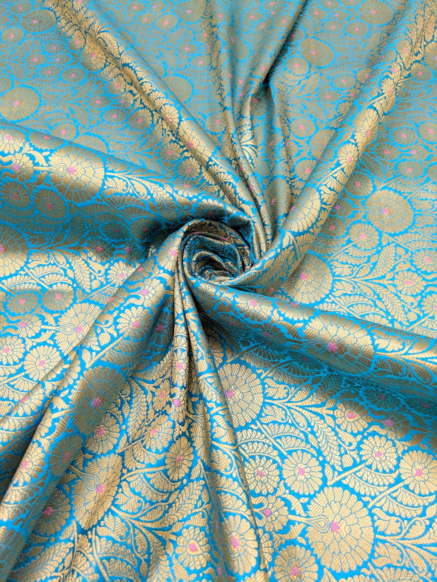 Indian Banarasi Brocade Fabric, Blue Gold Jacquard fabric, Floral brocade, Rayon silk brocade, Fabric by the yard/meter - NFAF12