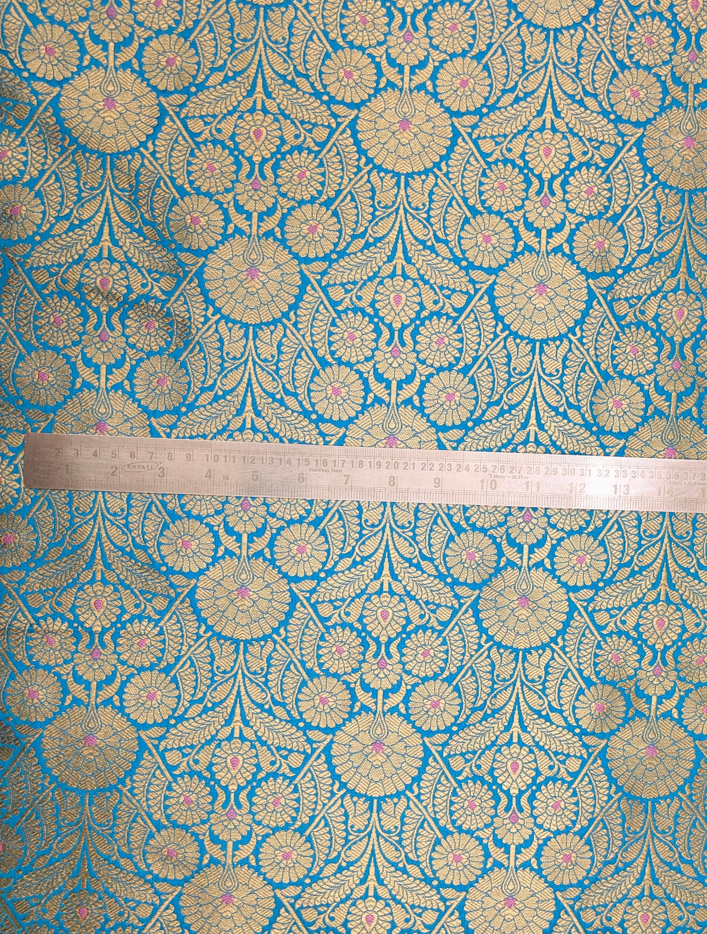 Indian Banarasi Brocade Fabric, Blue Gold Jacquard fabric, Floral brocade, Rayon silk brocade, Fabric by the yard/meter - NFAF12