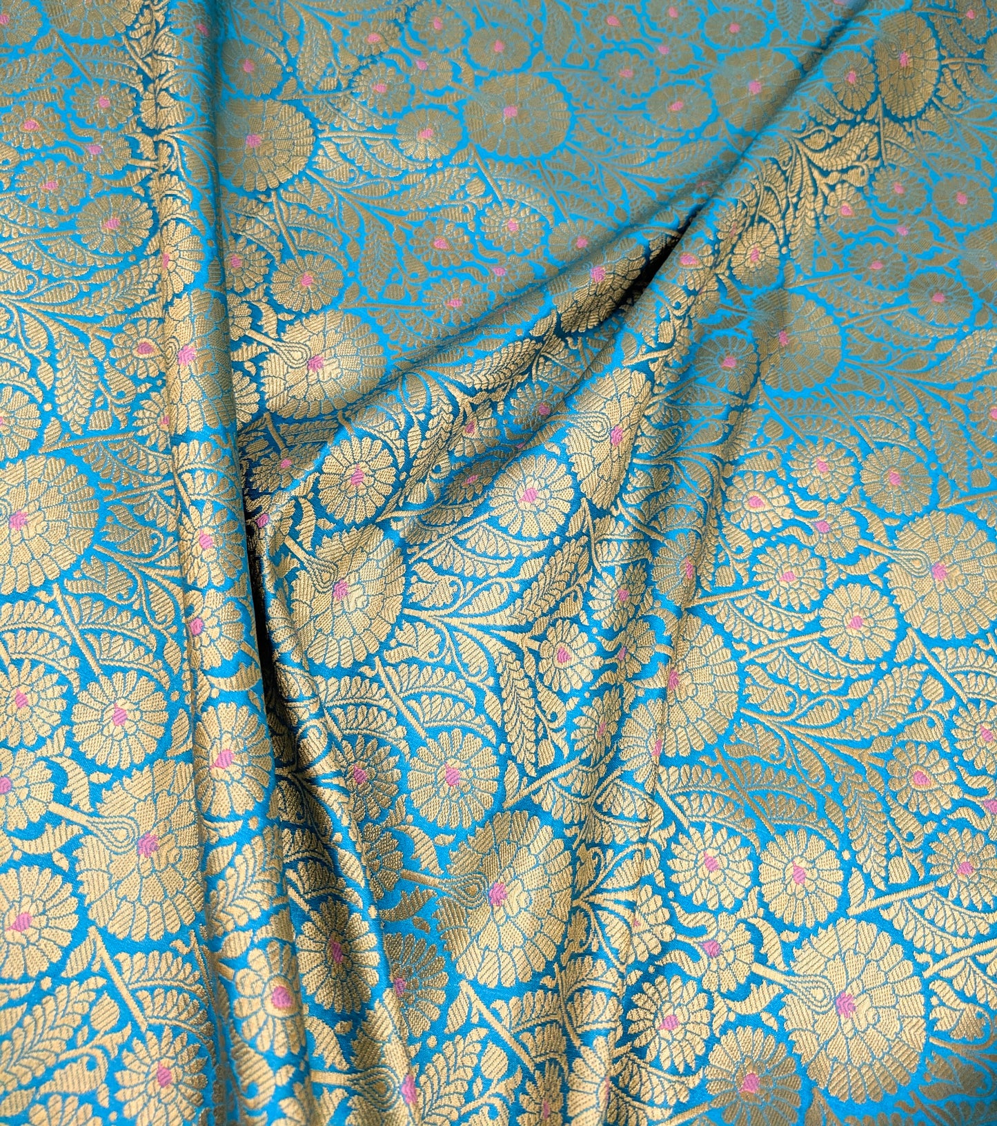 Indian Banarasi Brocade Fabric, Blue Gold Jacquard fabric, Floral brocade, Rayon silk brocade, Fabric by the yard/meter - NFAF12
