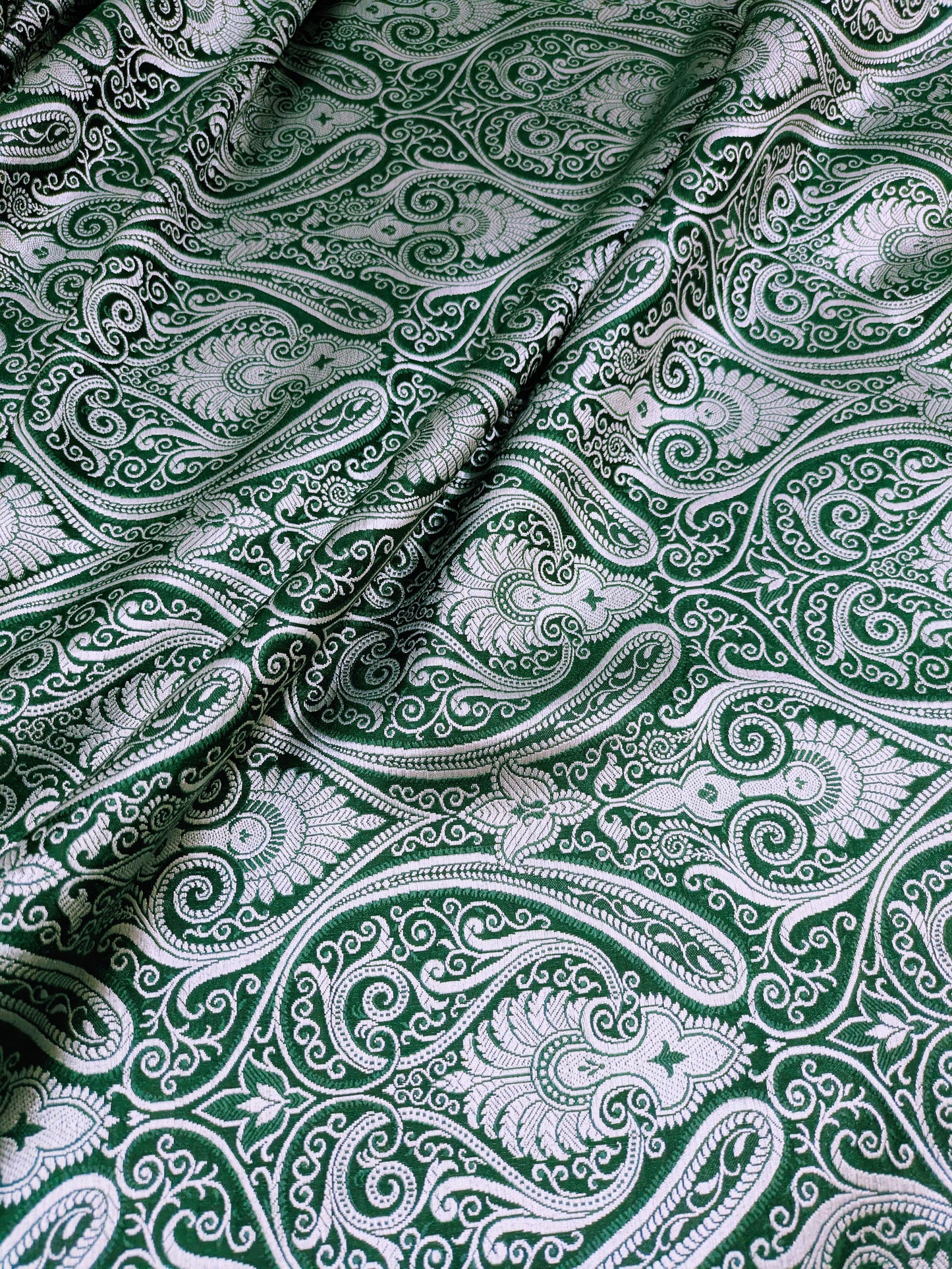 Banarasi brocade fabric, Green & silver Paisley brocade fabric, Home décor fabric, Theatre costume, Wedding dress, Jacquard fabric, Fabric by the yard/meter - NFAF132