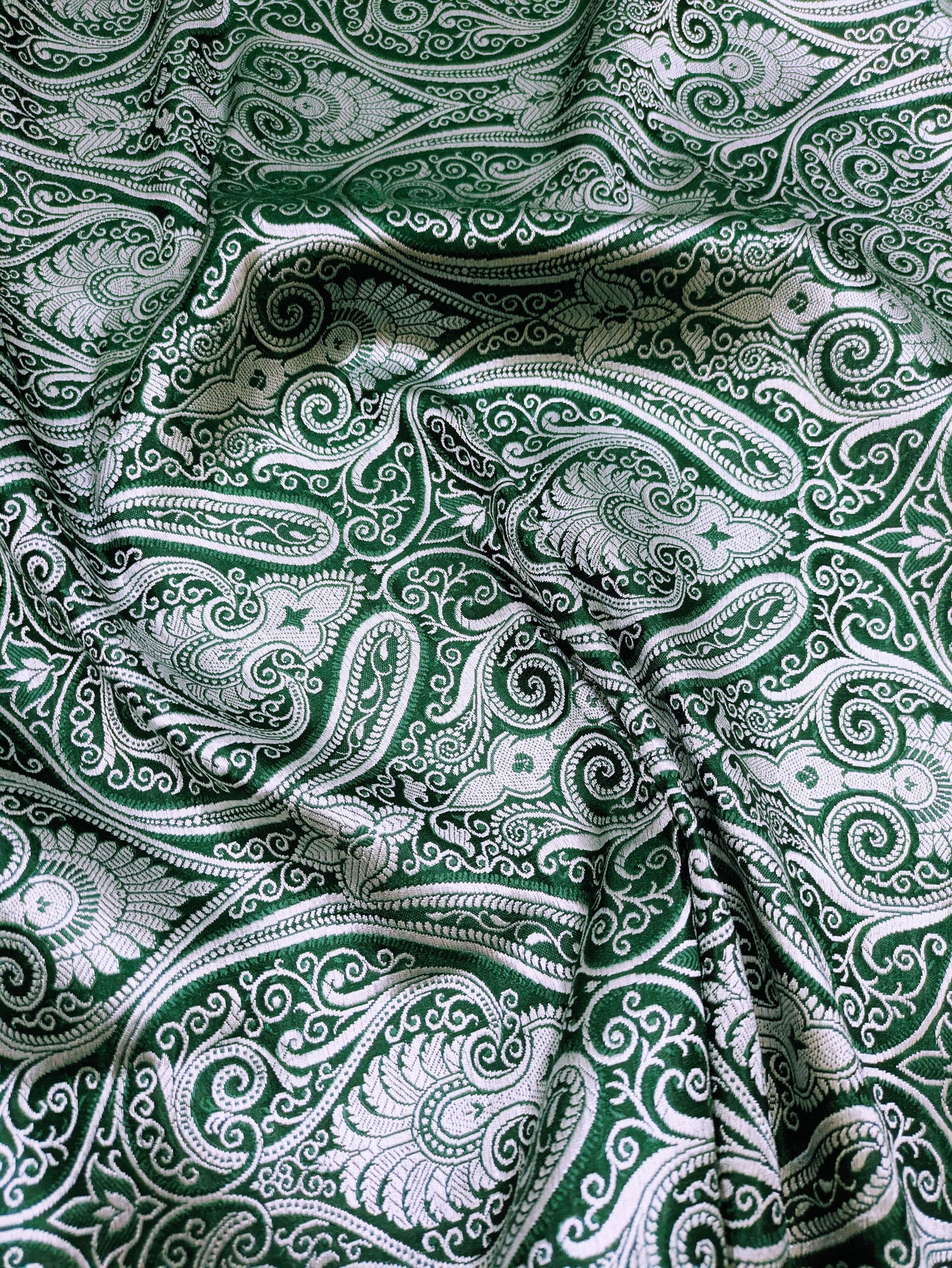 Banarasi brocade fabric, Green & silver Paisley brocade fabric, Home décor fabric, Theatre costume, Wedding dress, Jacquard fabric, Fabric by the yard/meter - NFAF132