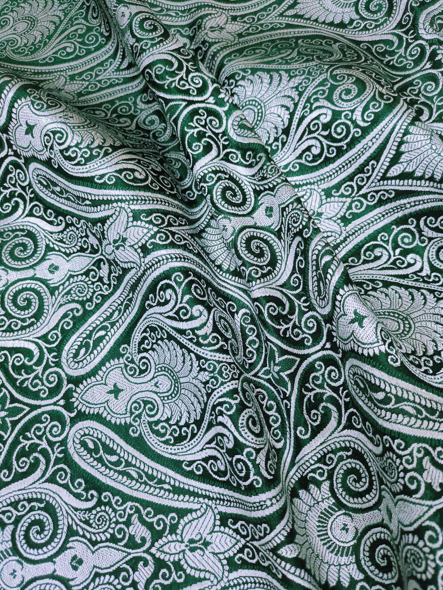 Banarasi brocade fabric, Green & silver Paisley brocade fabric, Home décor fabric, Theatre costume, Wedding dress, Jacquard fabric, Fabric by the yard/meter - NFAF132