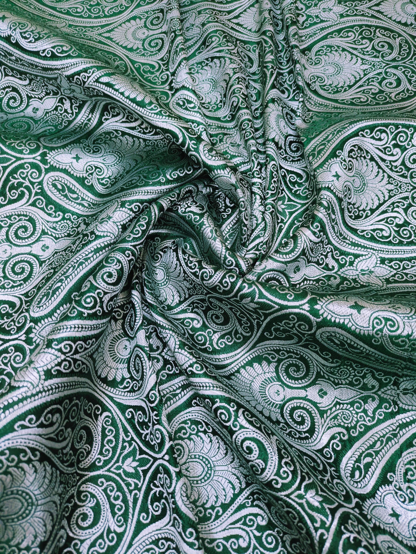 Banarasi brocade fabric, Green & silver Paisley brocade fabric, Home décor fabric, Theatre costume, Wedding dress, Jacquard fabric, Fabric by the yard/meter - NFAF132