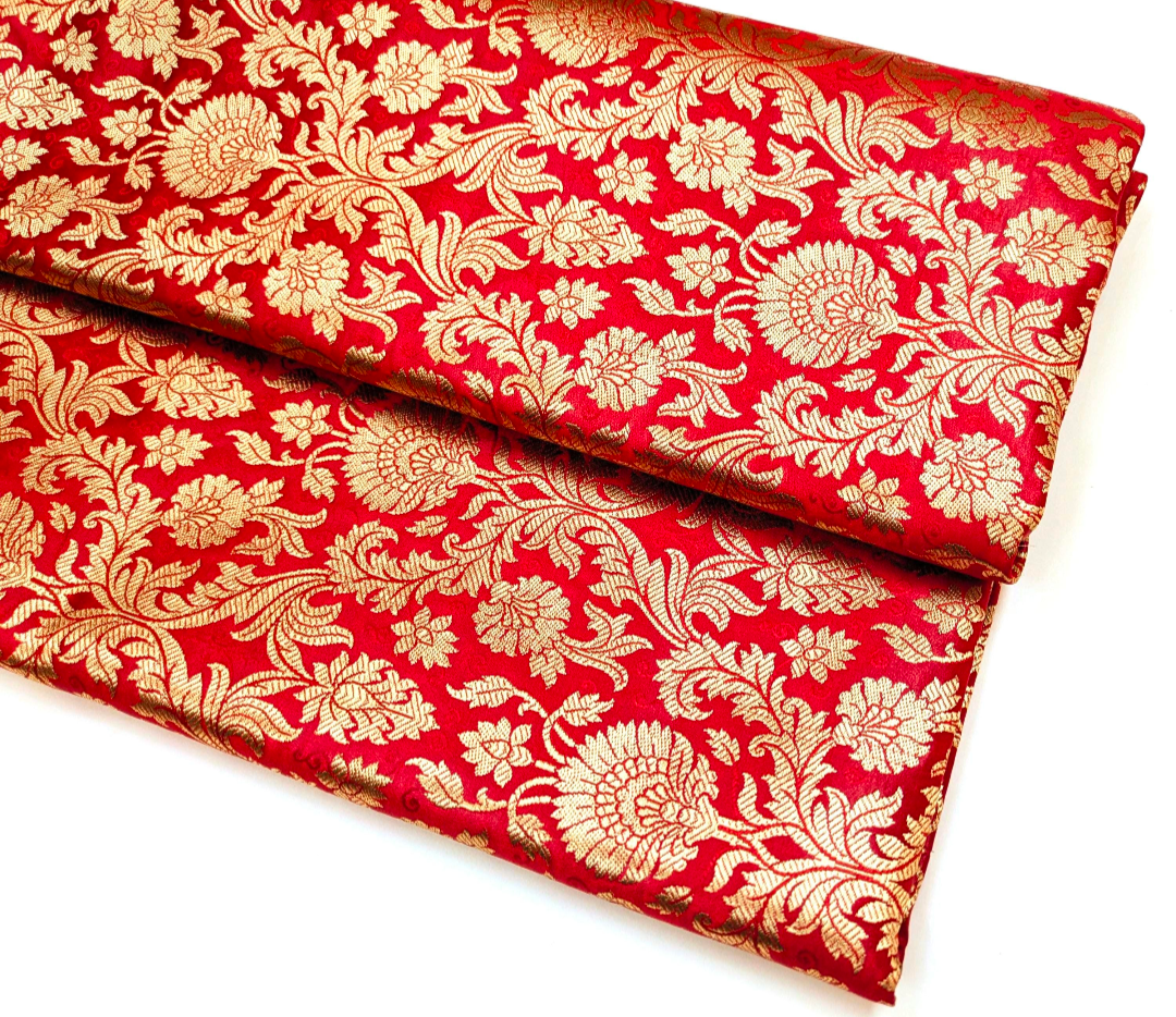 Brocade fabric Red Gold silk Brocade Jacquard Damask Wedding Bridal Indian Dress Banarasi Saree Drapery Brokat tissu fabric by the yard NFAF80