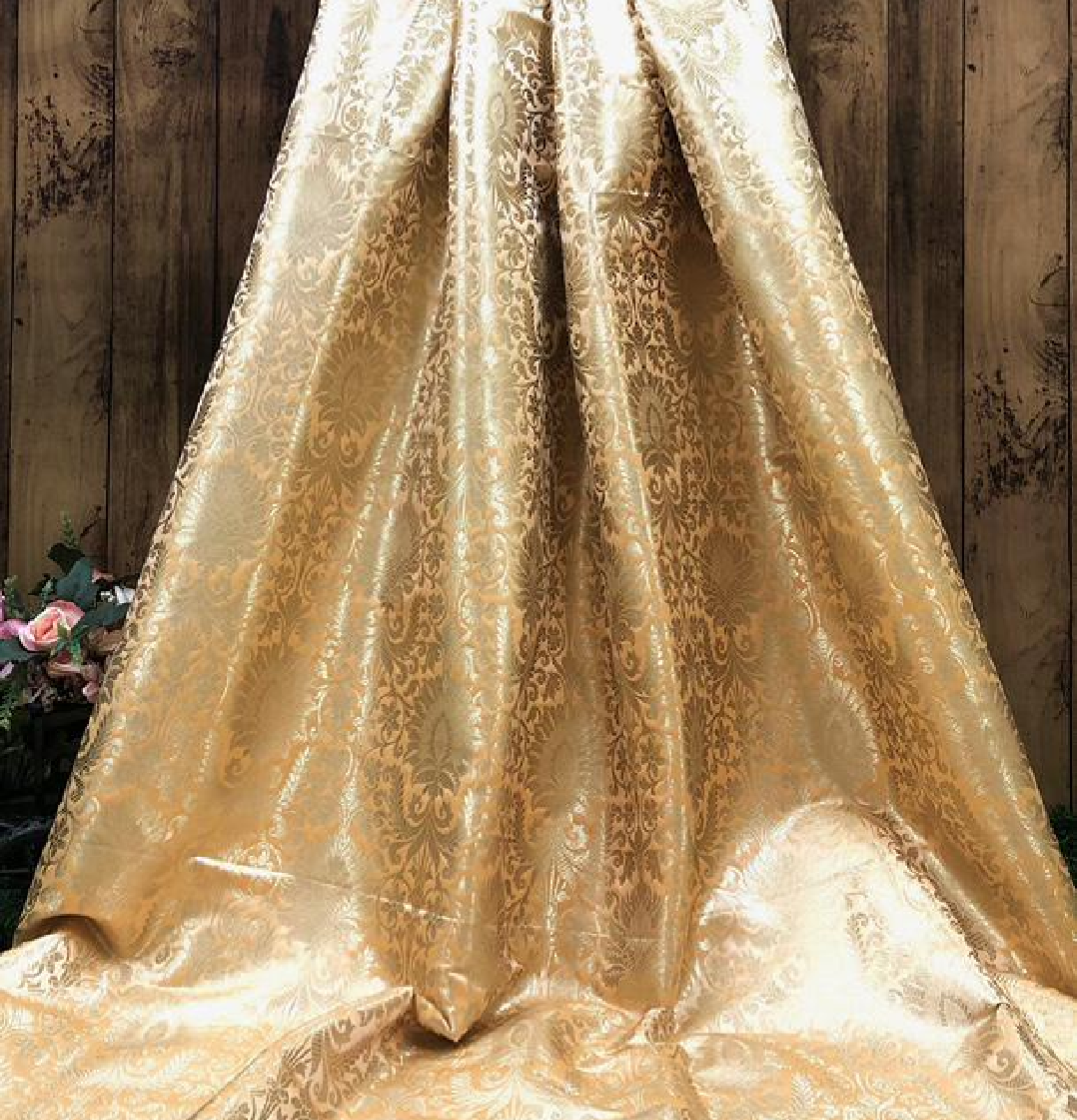 Brocade fabric Beige Gold Jacquard Damask Rayon Silk brocade Fabric Wedding Bridal High Grade Designer fabric by the yard Material NFAF117