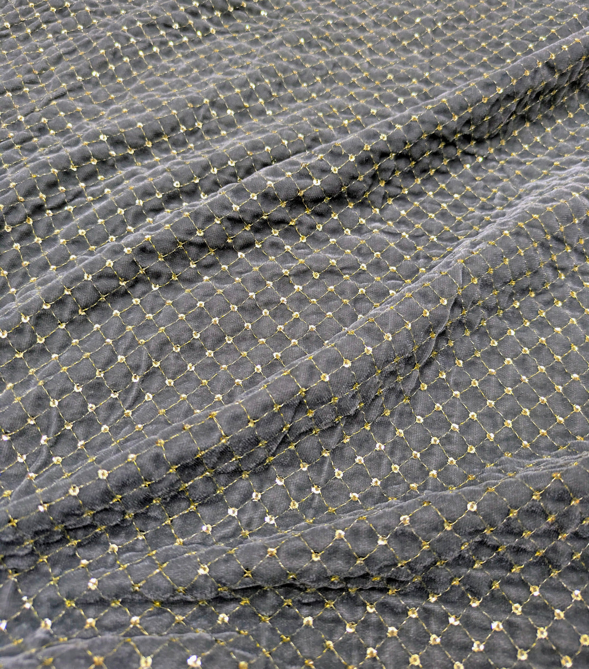 Gray & Gold embroidered velvet fabric, Stretch fabric, Haute couture, Embroidery design, Luxury fabric, Bridesmaid dress - VLTF02