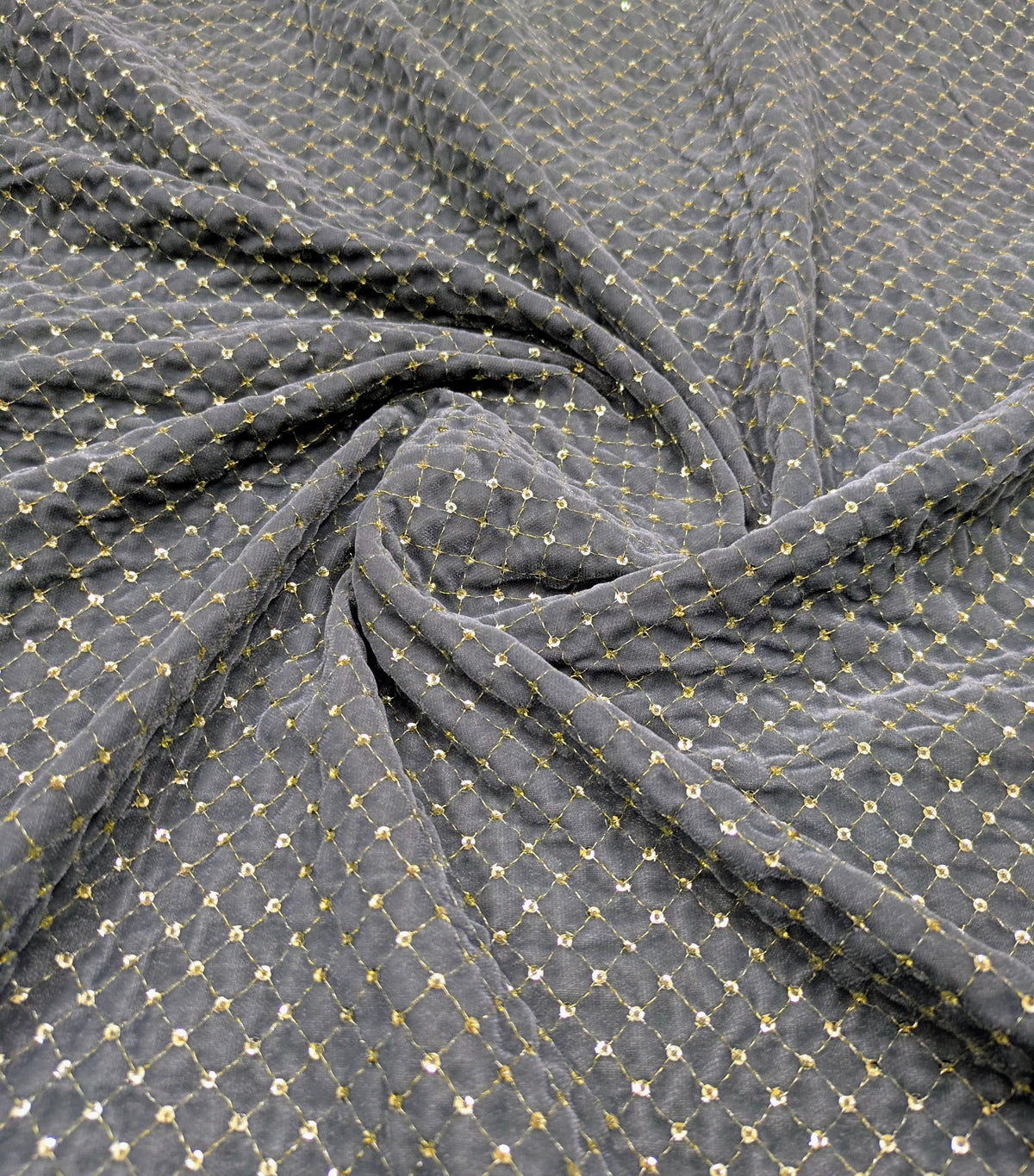 Gray & Gold embroidered velvet fabric, Stretch fabric, Haute couture, Embroidery design, Luxury fabric, Bridesmaid dress - VLTF02