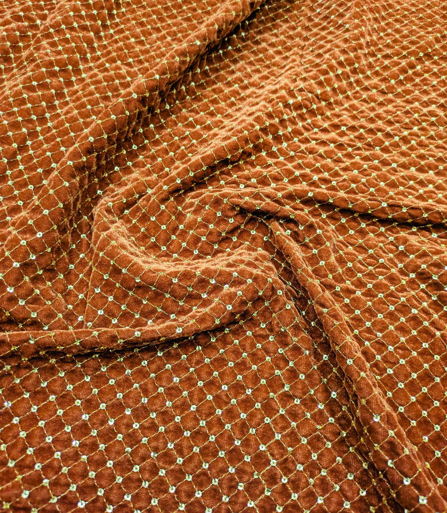 Rust & Gold embroidered velvet fabric, Stretch fabric, Haute couture, Embroidery design, Luxury fabric, Bridesmaid dress - VLTF24