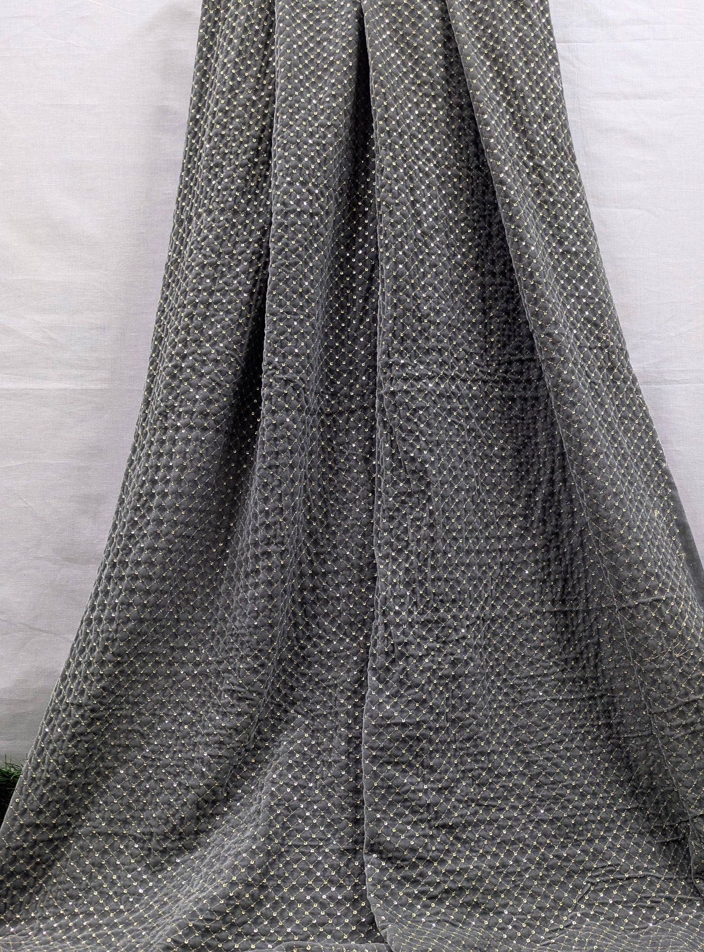 Gray & Gold embroidered velvet fabric, Stretch fabric, Haute couture, Embroidery design, Luxury fabric, Bridesmaid dress - VLTF02
