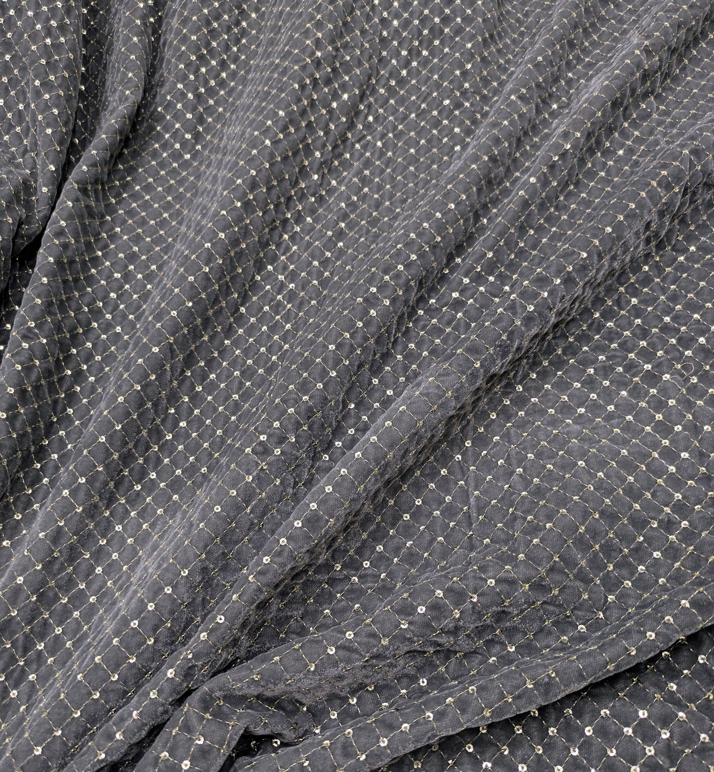 Gray & Gold embroidered velvet fabric, Stretch fabric, Haute couture, Embroidery design, Luxury fabric, Bridesmaid dress - VLTF02