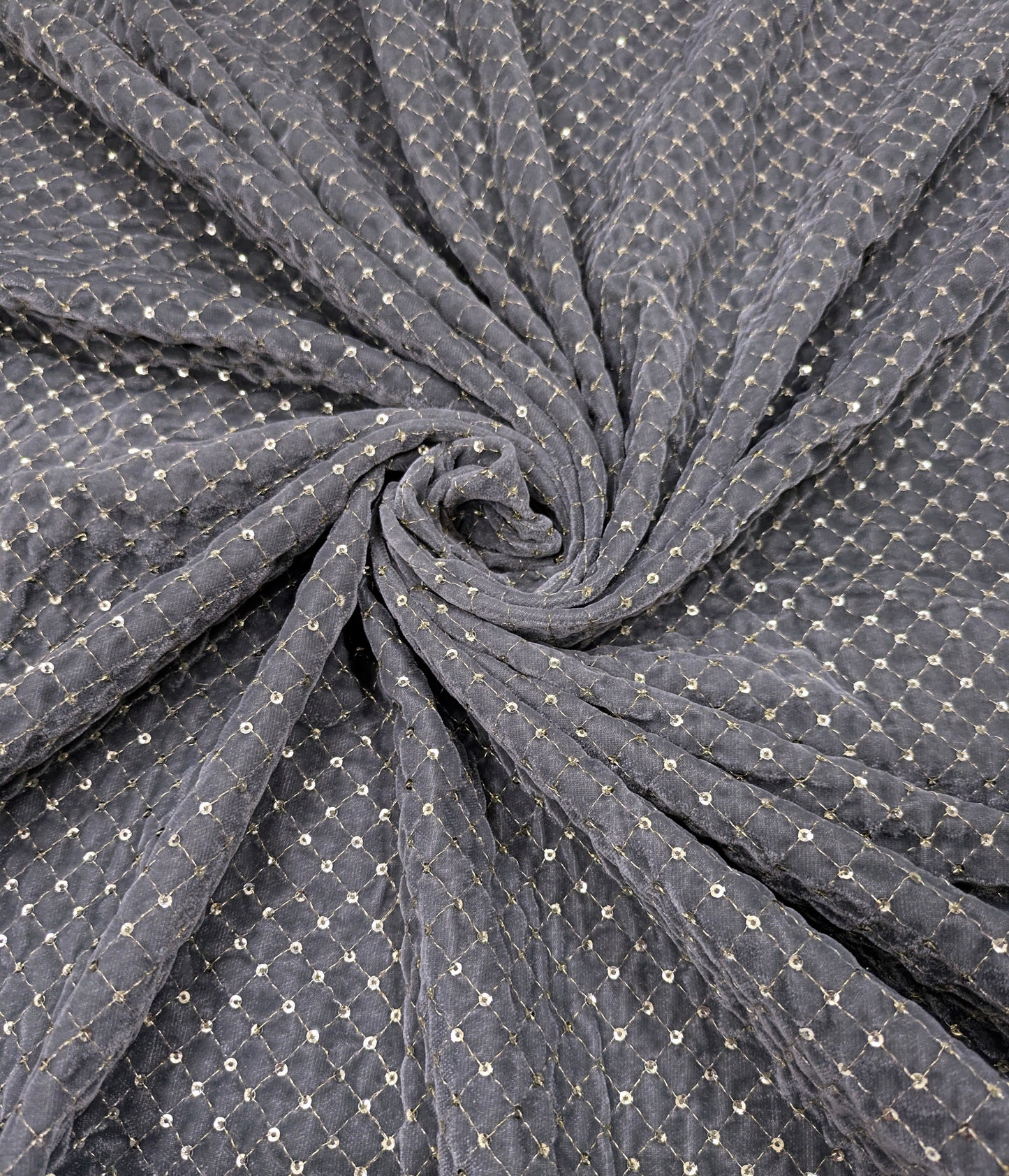 Gray & Gold embroidered velvet fabric, Stretch fabric, Haute couture, Embroidery design, Luxury fabric, Bridesmaid dress - VLTF02